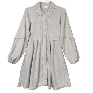 Umgee Button Front Mini Dress‎ Womens Small Oatmeal Fringe Trim Balloon Sleeve